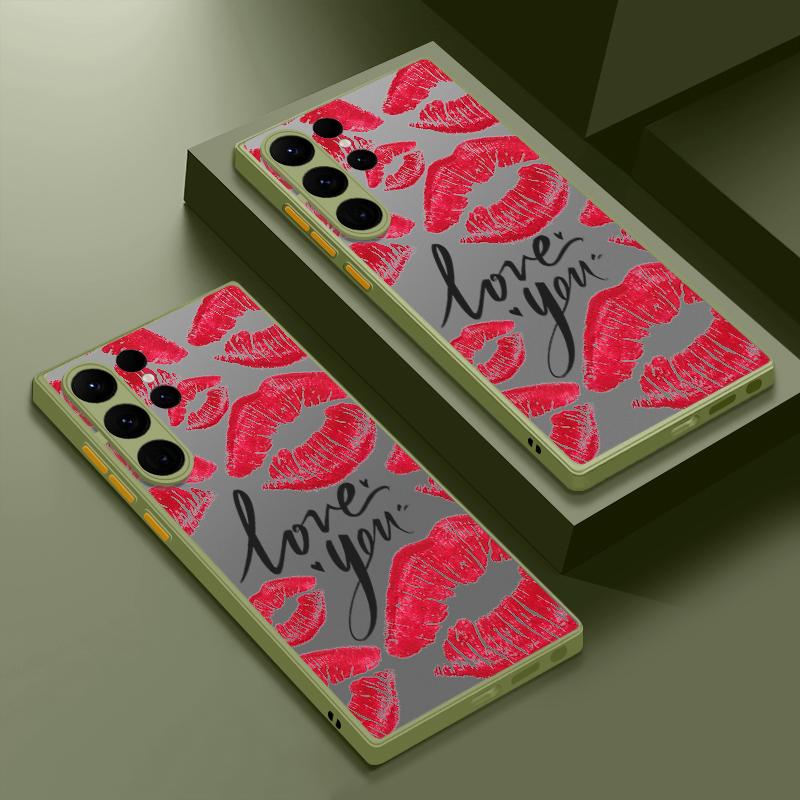Rote Lippen Muster Slim Stoßfest Matte Hülle Für Samsung S25 Ultra S24 FE S23 S22 A16 A56 A55 A36 A26 A15 A35 Linsenschutz Transparente Handyhülle