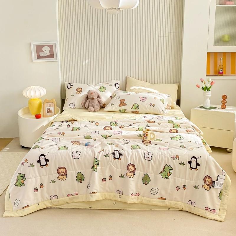 Cartoon Animals Pattern Summer Quilt 100% Cotton Air Conditioning Quilted Quilt Skin-friendly Breathable for Kids Boys Girls