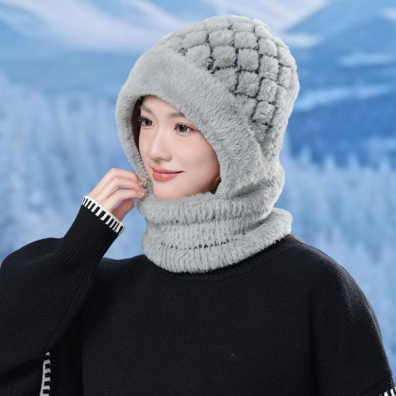Fashion Plaid Plush Warm Scarf One-piece Hat Women's Winter Outdoor Cycling Windproof Neck Cover Plush Cap