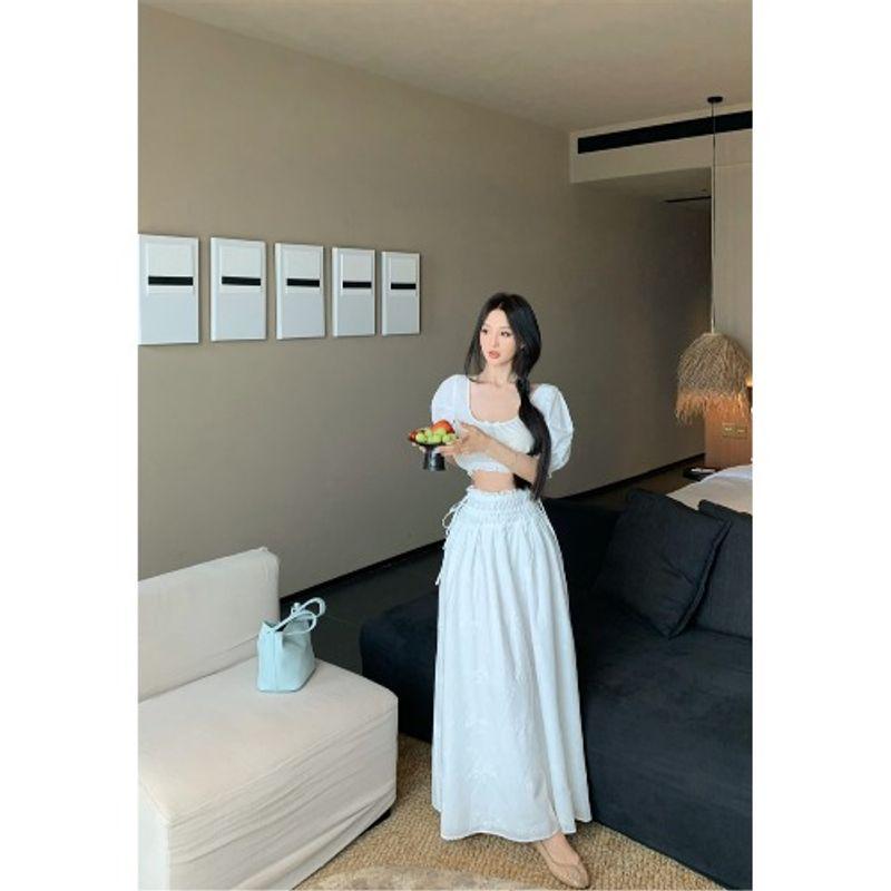 Kumikumi Fashion Set French Style Puff Sleeve U Collar Shirts Women Summer Loose Pleat Skirt Two-piece Set
