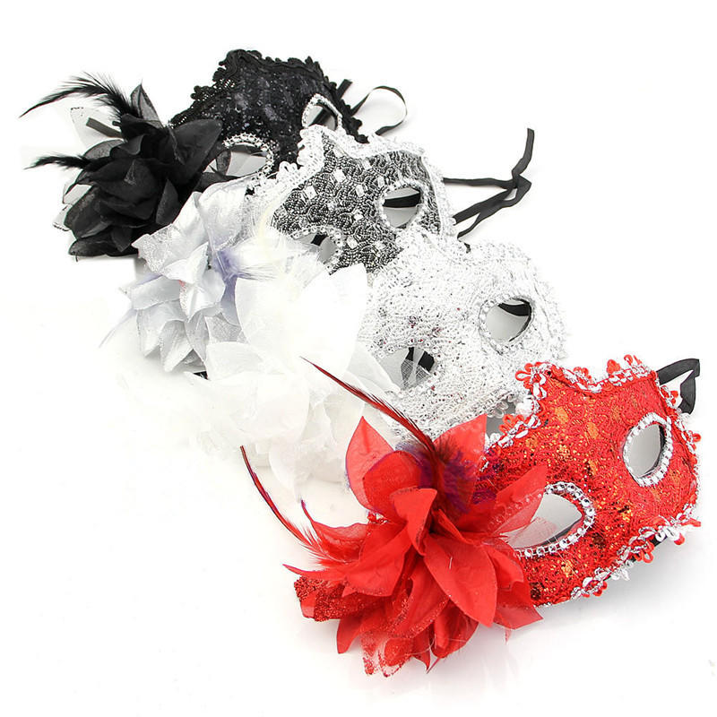 Stunning Ladies Black /& Red Venetian Masquerade Party Carnival Eye Mask /& Flower