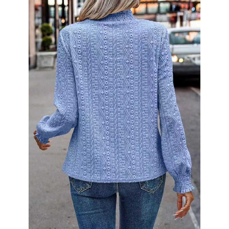 2026 New Women's Solid Color Fashion Versatile Hollow Out Stand Collar Puff Sleeve T-Shirt Casual Top