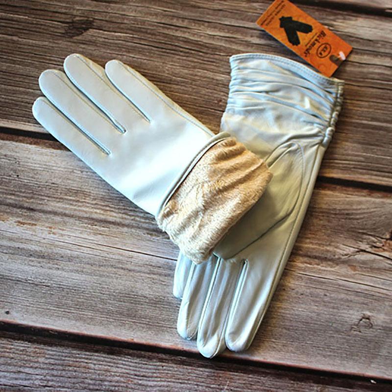 Genuine Leather Gloves Women's Sheepskin Gloves White Elastic Style Velvet Lining Outdoor Windproof Winter Warmth New