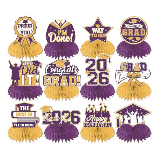 12Pcs 2026 Graduation Honeycomb Decor 3D Honeycomb Centerpieces for Commencement Party Red & Black Theme Bachelor Cap Party Decor for Table Decor &