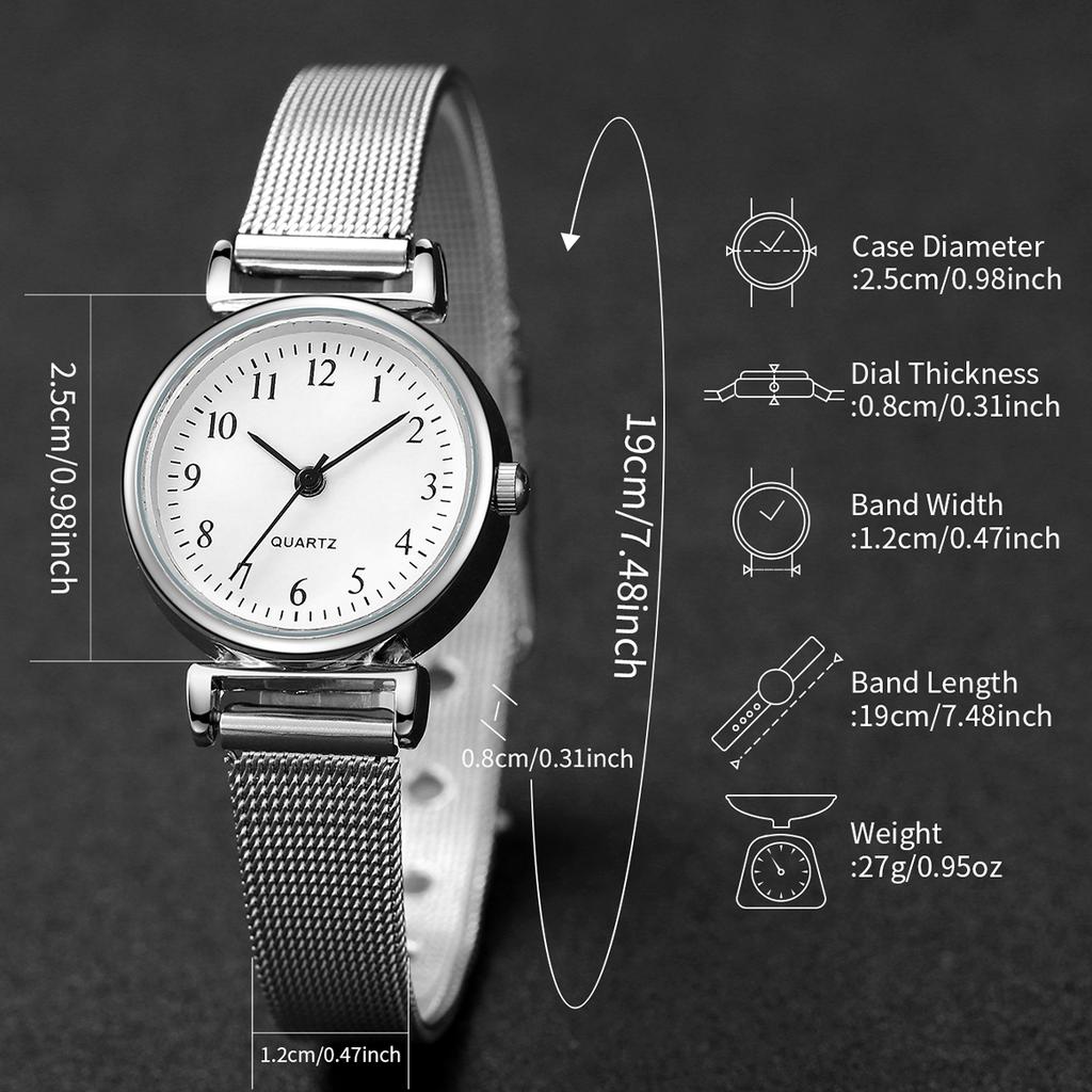 2PCs/Set Fashion Women's Watch Casual Mesh Strap Round Dial Quartz Watch with Leaf Shaped Bracelet(Box Not Include)