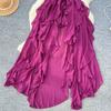 Holiday style neck ruffle leaf edge dress women's summer high waist A word irregular long dress commuter wear