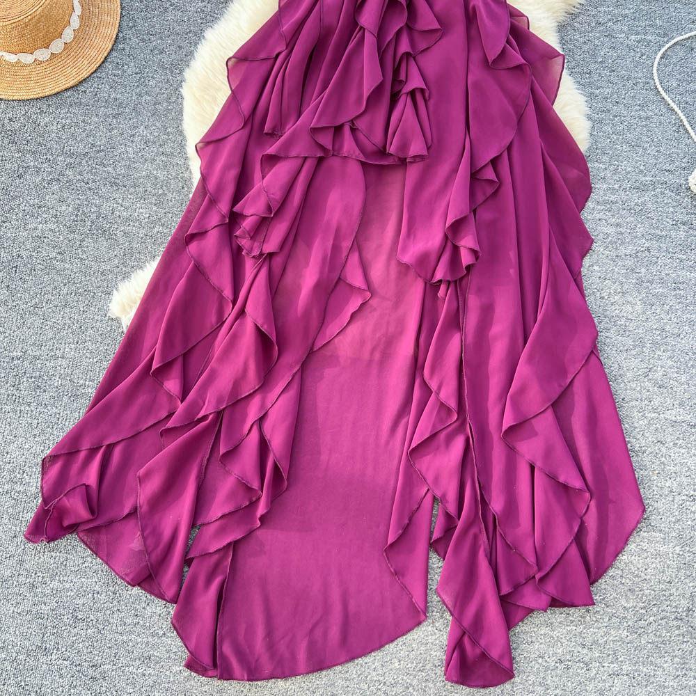 Holiday style neck ruffle leaf edge dress women's summer high waist A word irregular long dress commuter wear