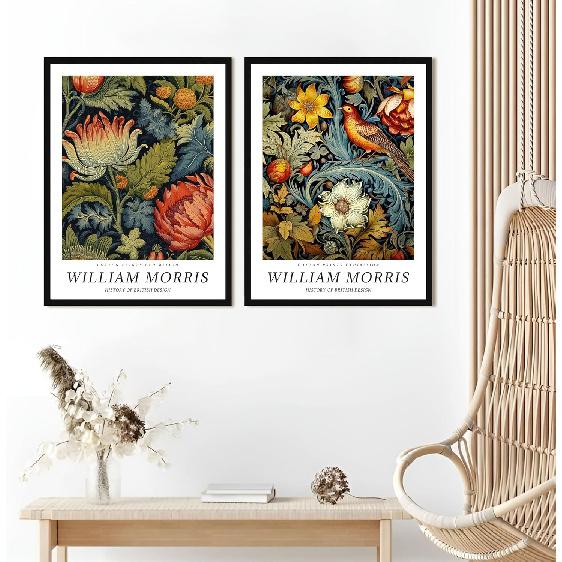 Framed William Morris Wall Art Set of 2 Vintage Botanical Birds Posters William Morris Exhibition Print for Dining Room Office Bedroom 12x16in