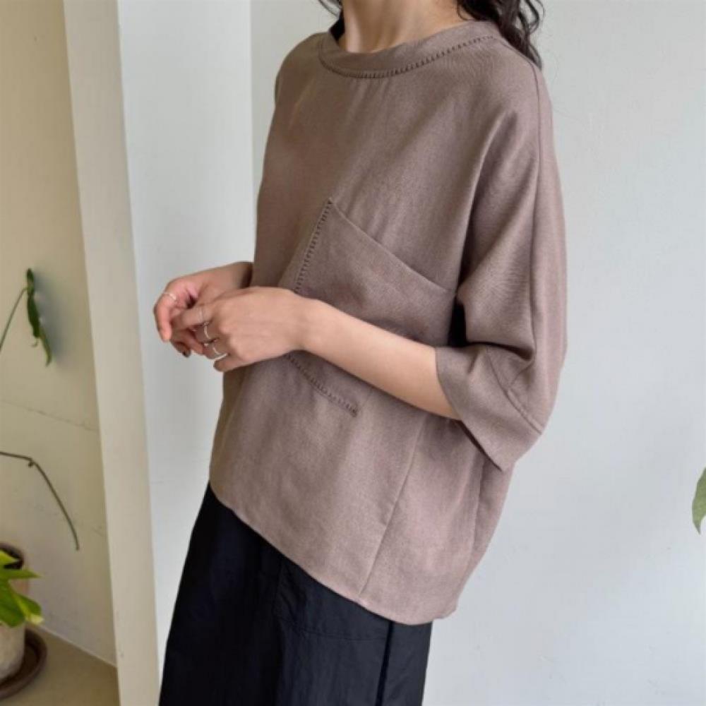 New Arrivals Open Run Women Simple Big Pocket Rayon Round Neck 7 8 Sleeve Blouse