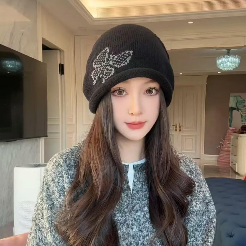 Korean-style large head circumference drawstring knitted beanie for women, with rolled edges, pullover cold hat, face-slimming head wrap, postpartum