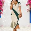 Women Plus Size V Neck Short Sleeve Geometric Printed Fitted Fishtail Dress