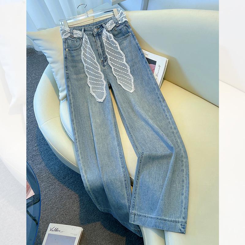 

Женские джинсы прямого кроя с кружевом, весна 2025 - Американские ретро стройнящие брюки, Супер горячая посадка от узких до широких штанин 29/XL (115-125 lbs) синий