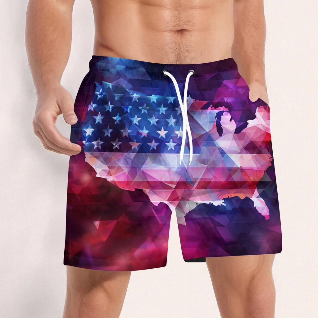 Men Swim Trunks Quick Dry Board Shorts with Drawstring Waistband Mesh and Side Pockets USA Flag Print Beachwear
