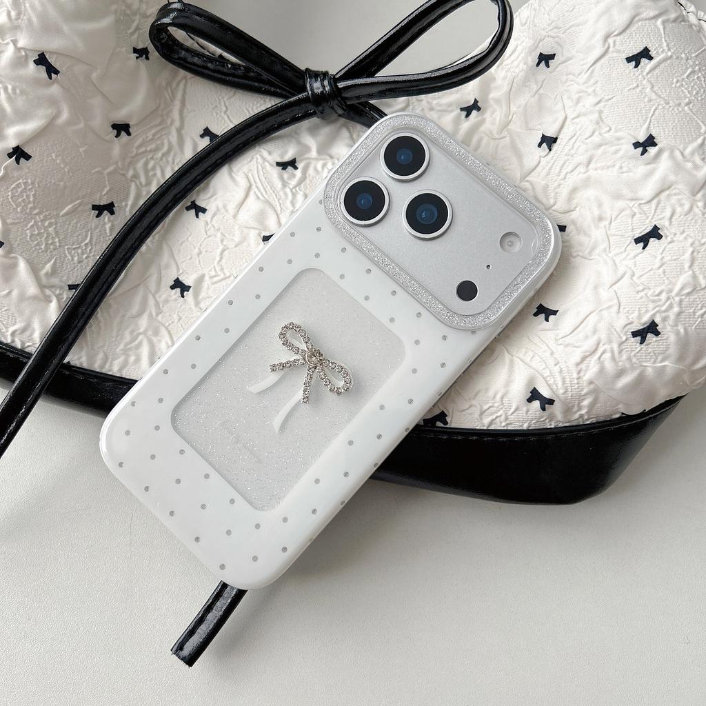 Glamorous Bow White Polka Dot with Rhinestone Bow Design Phone Case for iPhone 17 16 15 14 11 12 13 Pro Max Plus Back Cover