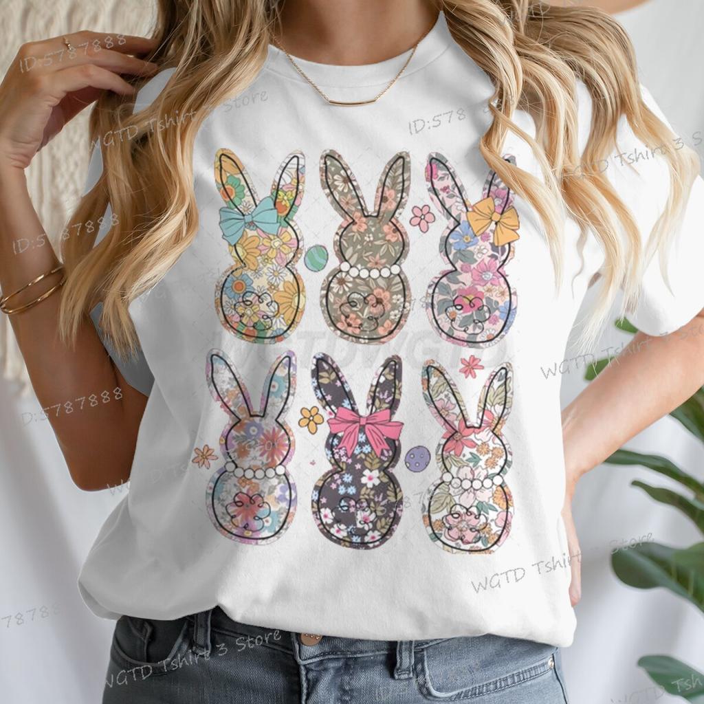 Retro Easter Bunny Floral Design Women Tshirt Graphic Gift for Easter Day Classic Tops Tees Flower Abbit Bunny Vintage T Shirts