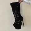 Sexy Thick Bottom Peep Toe 16CM Thin Heels Party Stripper Pole Dance Boots Hollow Out Knee High Shoes Women Platform Boot