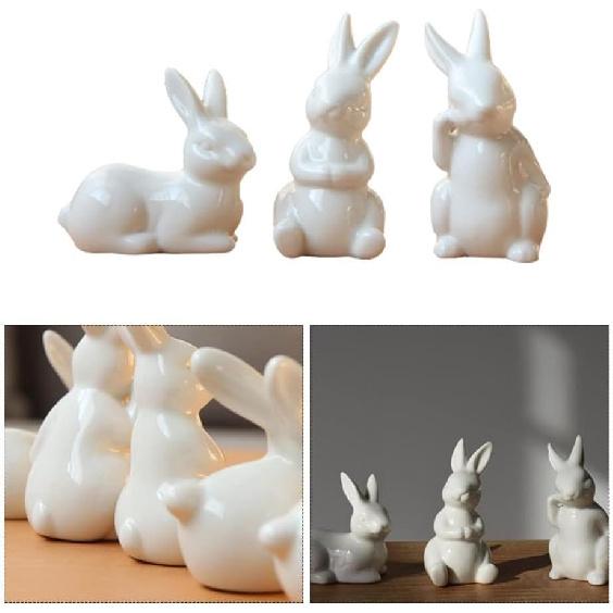 Happyyami Garden Bunny Figurines Landscape Bunnies Decoration 3Pcs Ceramic Bunny Rabbit Figurine Easter White Bunny Figurines Mini Tabletop Rabbit