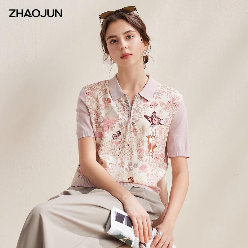 Zhaojun Damen Polo-T-Shirt mit Blumenprint aus Maulbeerseide
