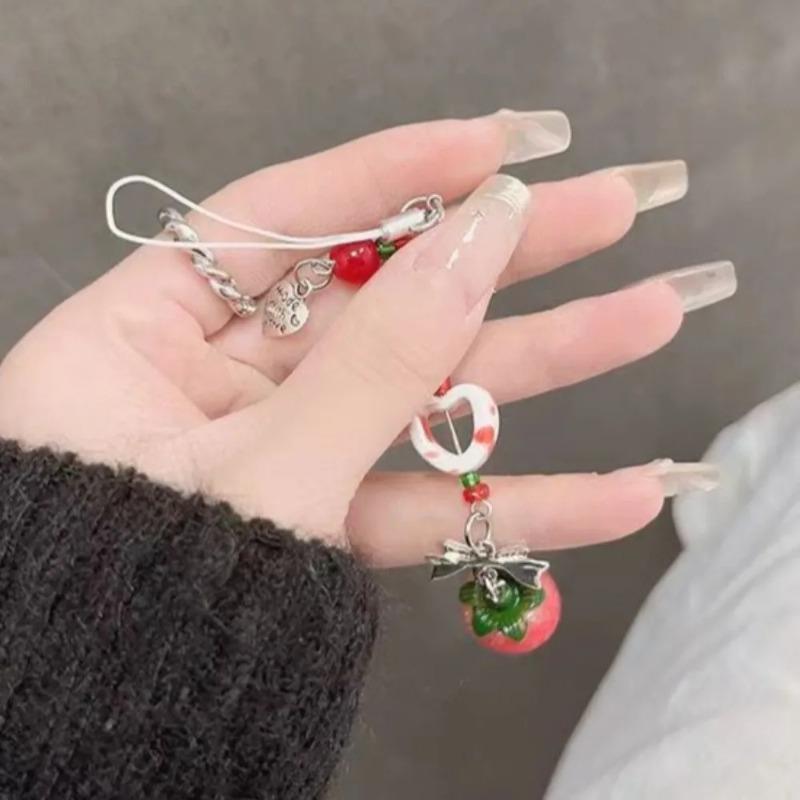 Korea Cute 3D Strawberry Cellphone Strap Chain Love Heart Pendant Keychain for Backpack Charm Dainty Bow Phone Strap Keyring