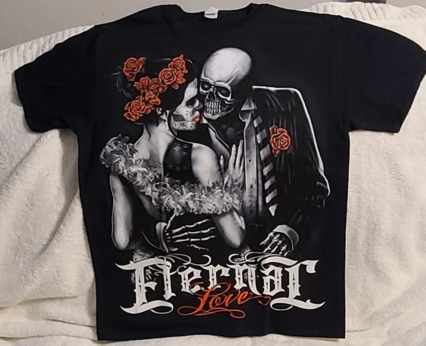 SKELETON AND DAY OF THE DEAD WOMAN ROSE FLOWER SKULL ETERNAL LOVE T-shirt 2XL