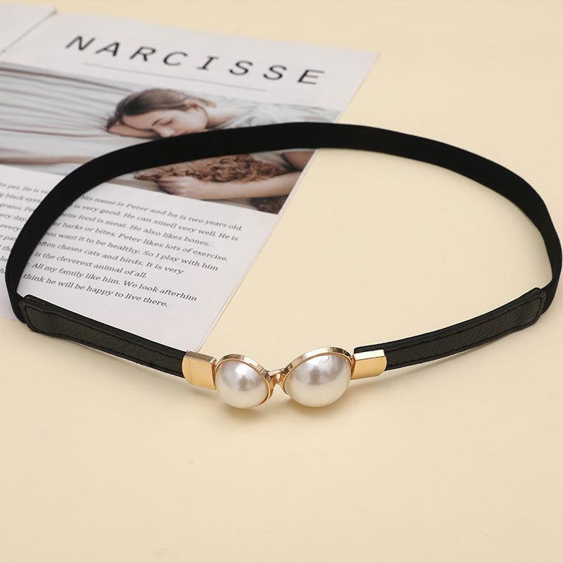 

С юбочным поясом Эластичный Эластичный Тонкий Пояс-Печать для Женщин Корейский Стиль Жемчужное Платье Талия Эластичная Пряжка Студенческий Стиль