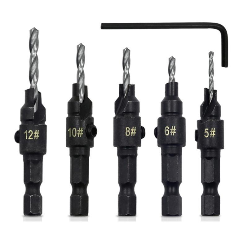 5Pcs Countersink Drill Bit Set Hexagonal Shank for Accurate Wood Boring Effective Debris Removal Carpentry Applications