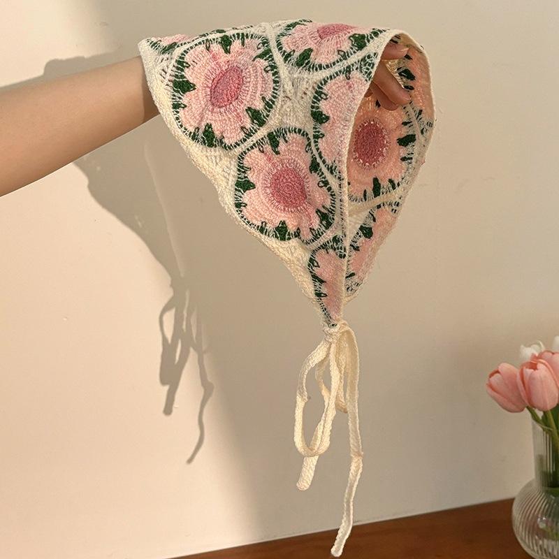 Knitted Crochet Headscarf French Pastoral Triangle Headband Handmade Soft Hair Wrapper for Beach Picnic Holiday Boho Fashion