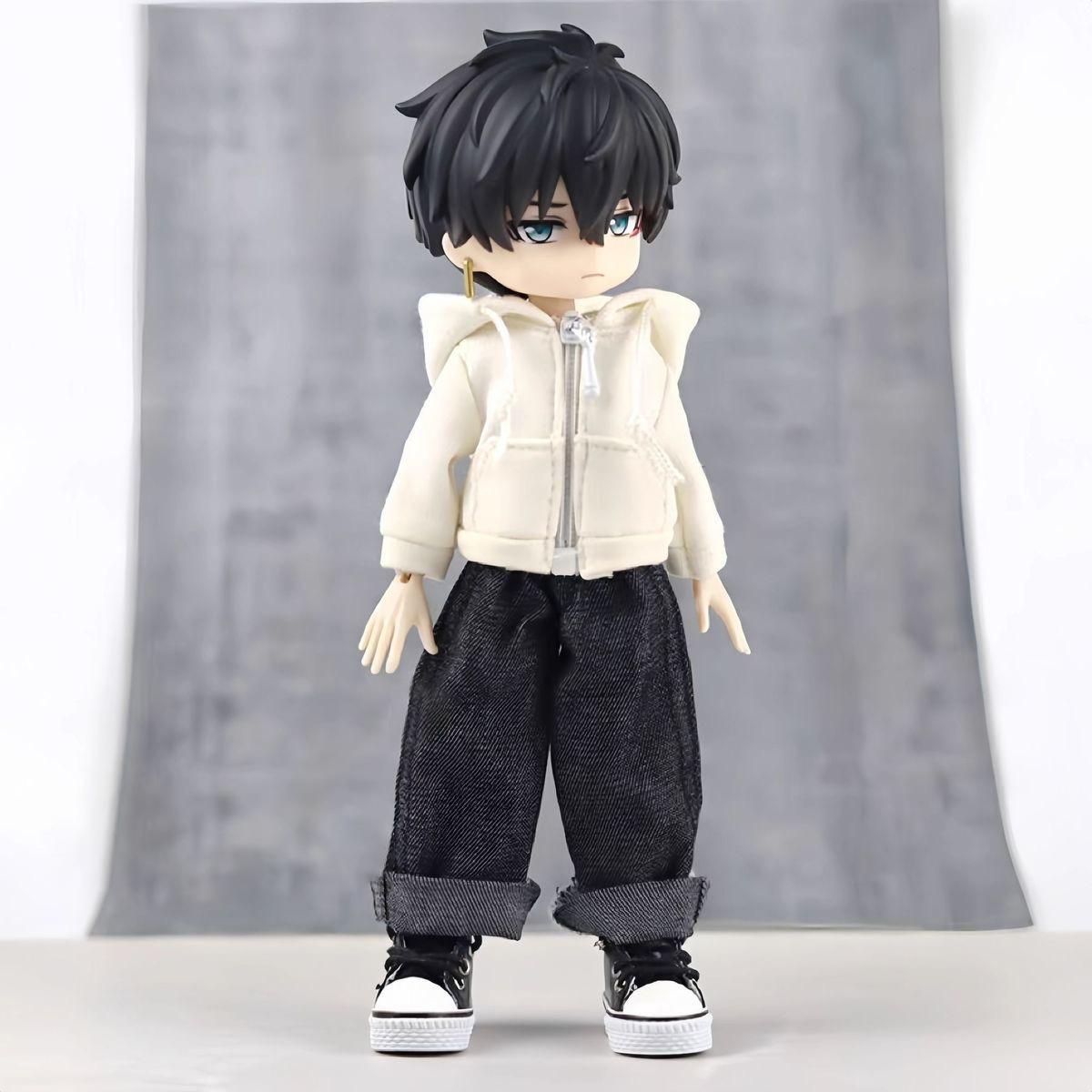 

Obitsu 11 Clothes 2Pcs Cute Anime Boy Dolls Cool Black/White Print Street Trendy Casual Hoodies Loose Jean Baby Doll Accessories Only clothes