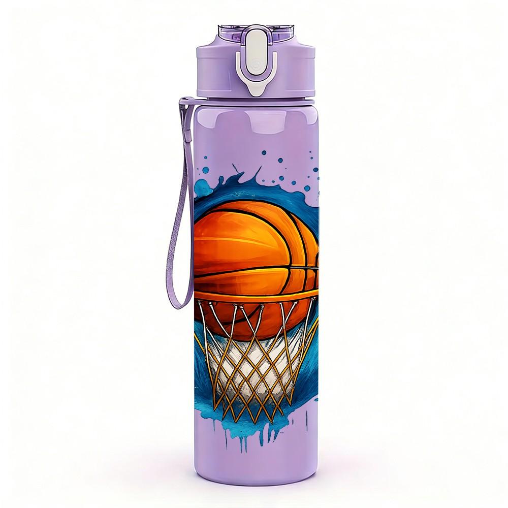 1PC Splash Basketball Hoop Print 750ml Color Plastic Sports Water Bottle Leakproof Flip Straw Lid Suitable for Sports Office Home Use