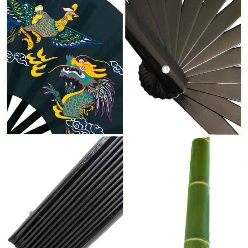 Single-Sided Tai Chi Ring Fan Bamboo Ribs Kung Fu Martial Arts Performance Dance Fan Dragon and Phoenix Right Hand Fold Hand Fan
