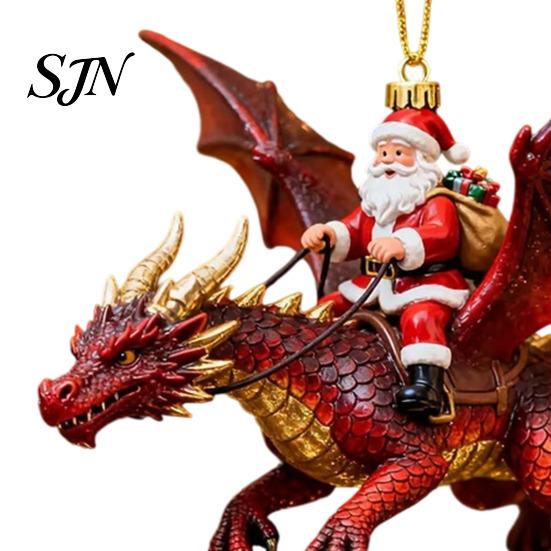 Xmas Tree Hanging Accessory Santa Claus Dragon Rider Christmas Ornament, 2D Acrylic Red Door Window Decor with Flying Decorations for Home Parties
