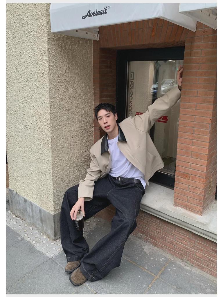 Korean Style Men's Contrast Lapel Leather Jacket - Autumn Short, Loose Fit with Padded Shoulders