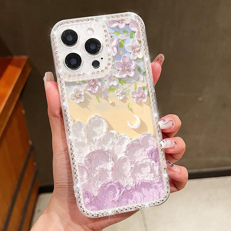Crystal Diamond Oil Painting Flower Clear Case For iPhone 16e 16 14 15 Pro Max 13 12 Pro Max 11 Soft Silicone Phone Cover Coque