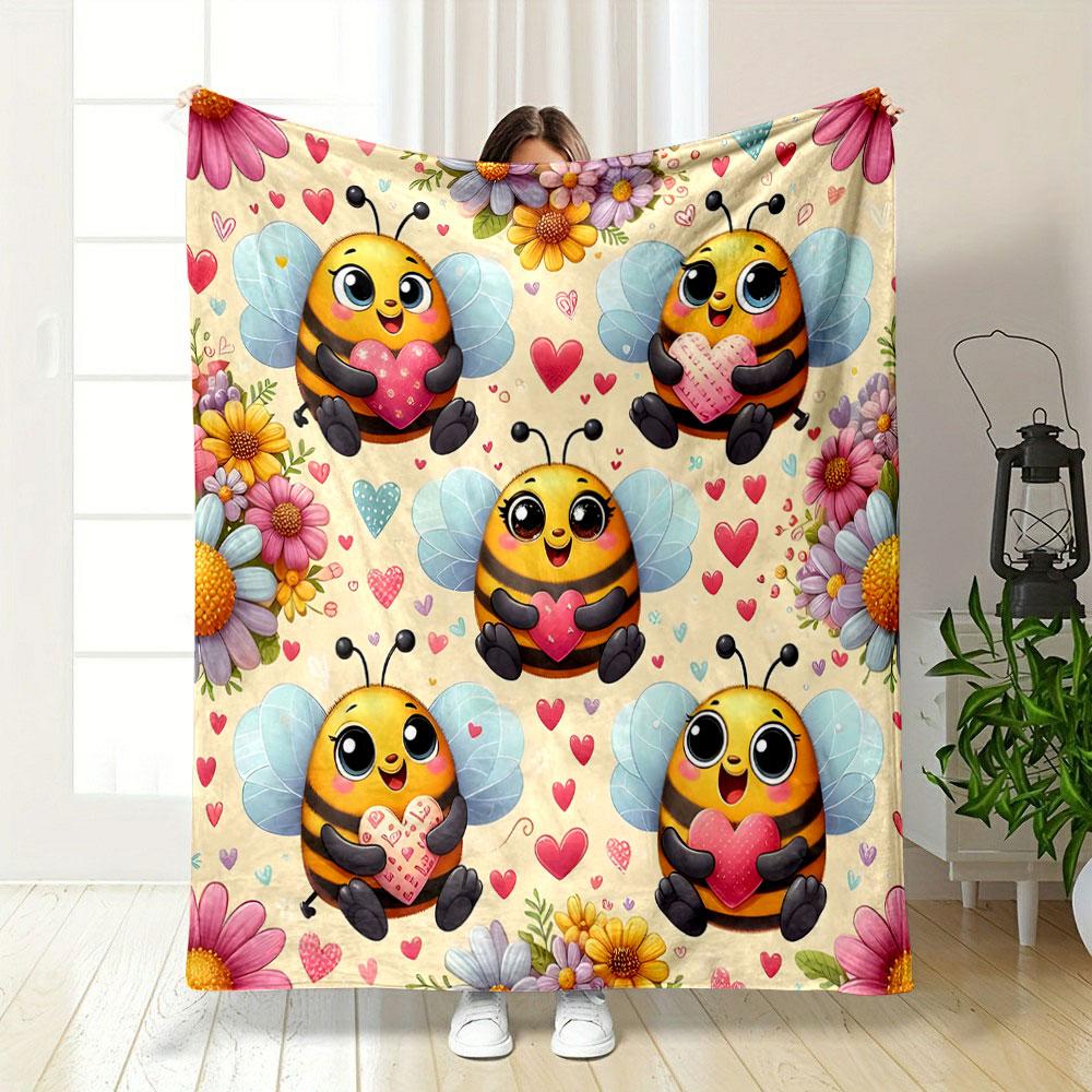 Cute Bees with Hearts and Flowers print blanket soft and cozy perfect for the living room bed sofa or a nap,gift