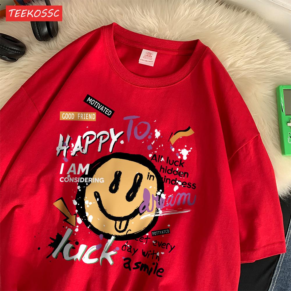 Summer Cotton Women TShirts Fun Graffiti Cute Smiling Face Prints Tees Breathable Loose ONeck Casual Street Female Clothes