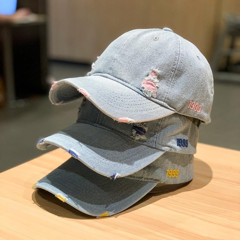 

Solid Color Street Sun Hat Retro Solid Color Denim Baseball Hat Personalized Fashion Ripped Old Baseball Cap Trendy Men and Women Adjustable