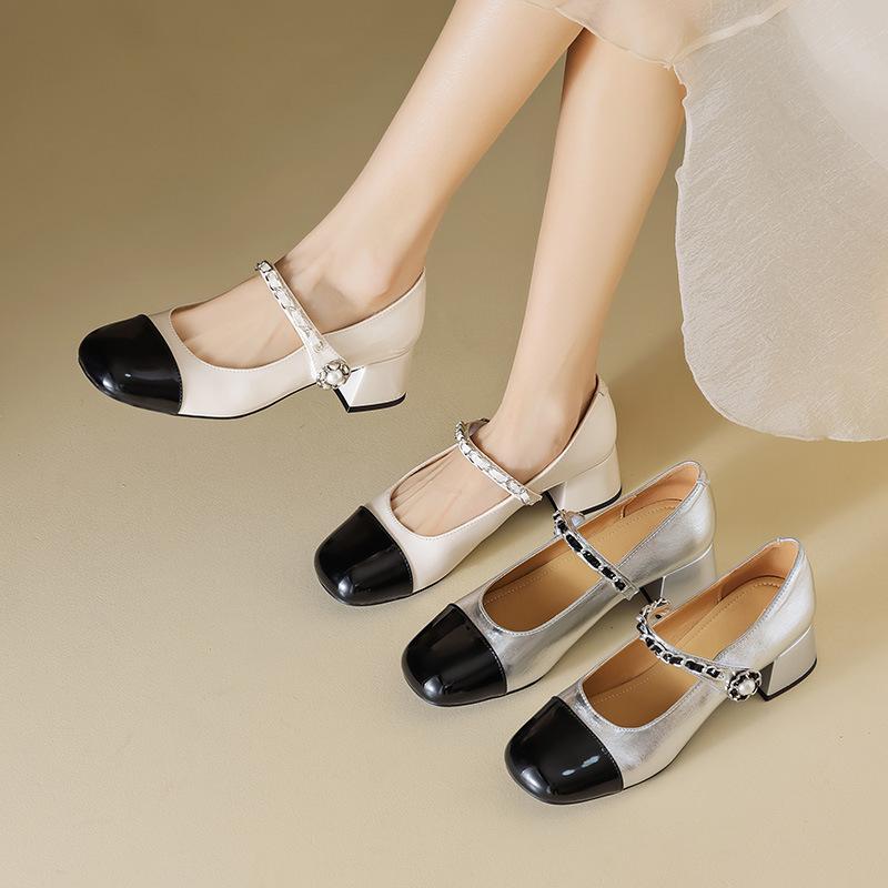 Augustine Mary Jane Women's Shoes 2025 New Summer Thick Heel with Skirt French Fairy Style High Heel Small Leather Shoes