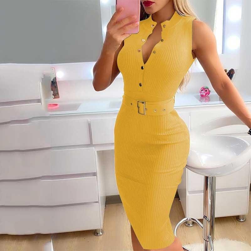 Moda Roupas Femininas Verão Elegante Gola Redonda Botão Sem Mangas Cinto Casual Vestido Midi Cintura Média Slim Vestido A-line