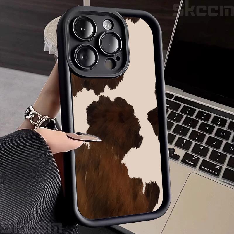 Custodia per Telefono con Fantasia Pelle di Mucca Marrone Vintage per iPhone 16 Pro Max 15 14 13 12 11 16E 7 8 Plus X XS XR Cover Morbida Antiurto Opaca
