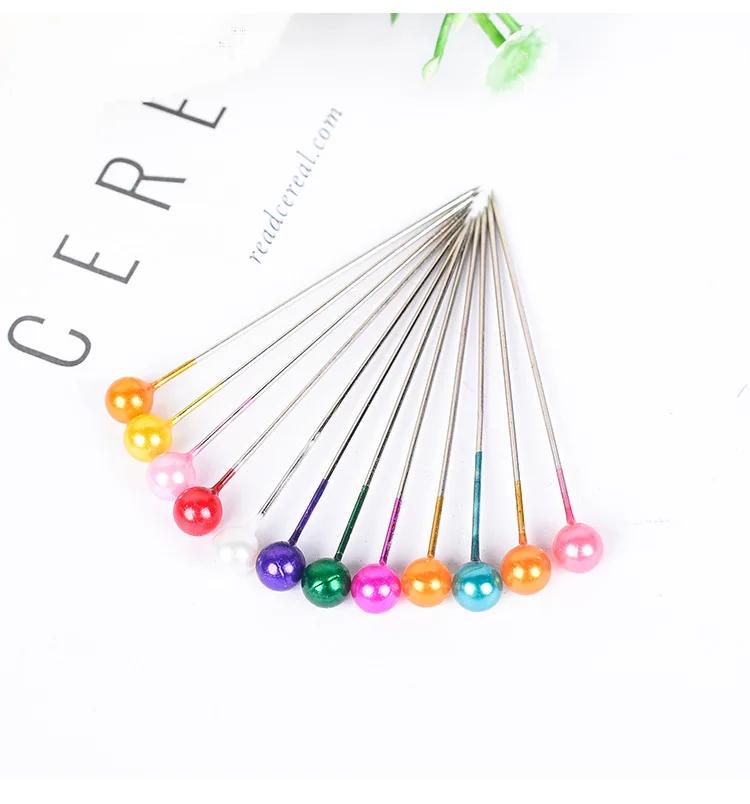 100Pcs/Box 38cm Colorful Round Pearl Head Needles Stitch Straight Push Sewing Pins For Dressmaking DIY Sewing Tools Positioning