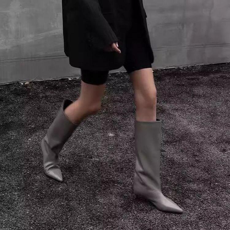 2025 Autumn and Winter New Pointed Thin Heel Gray Loose Straight Versatile Fashion Boots Sleeve Knight Boots Medium Boots Women