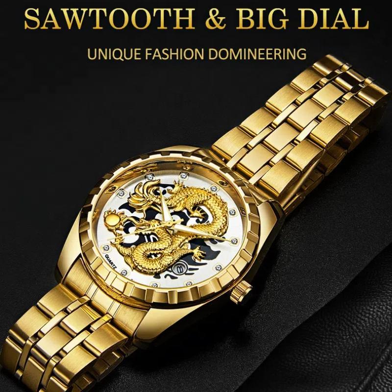 Fashionable Sun Wheel Golden Dragon Calendar Simple Watch Men's Business Steel Belt Watch
