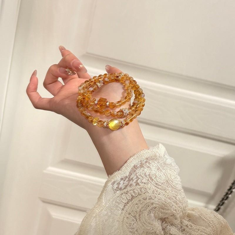 Natural Yellow Tower Crystal Golden Lepidolite Three-Strand Beaded Bracelet Women Handmade Round 6mm Light Luxury Style