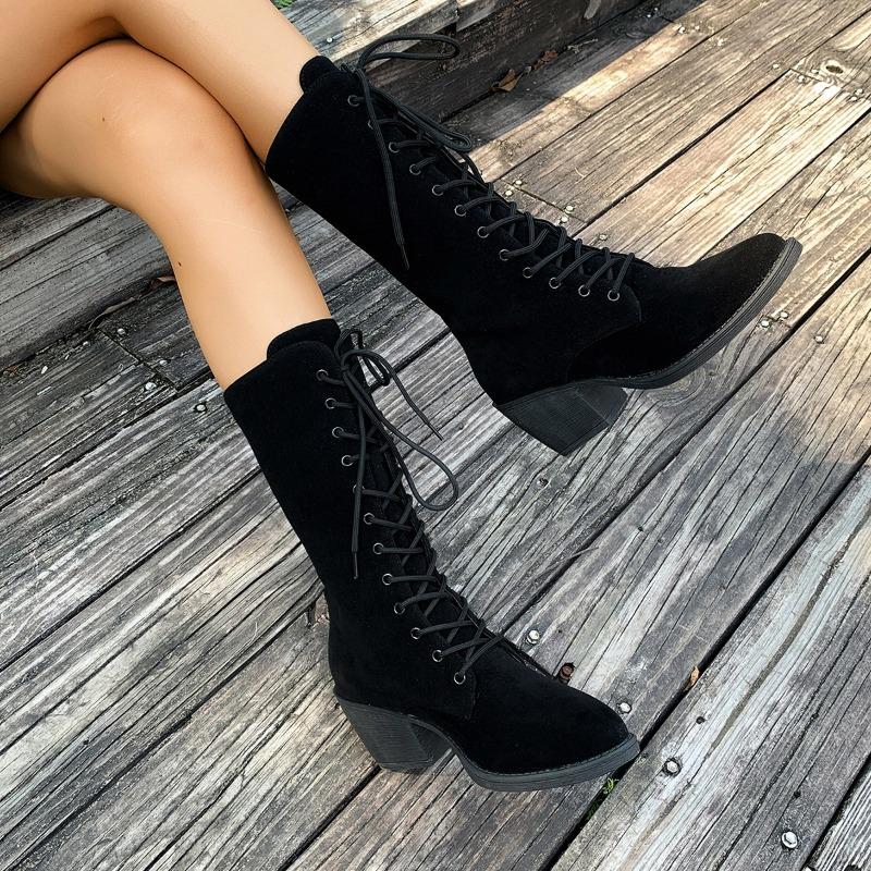 New Style Hot Sale Big Size 43 Lace-up Women's Vintage Mid-calf Boot Women Shoes High Heels Retro Purple Black Brown Boot Female