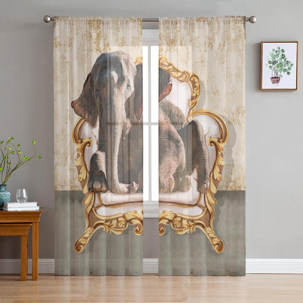 Elephant Art Indian Bobo Style Tulle Window Treatment Sheer Curtains for Kitchen Living Room the Bedroom Curtains Decoration