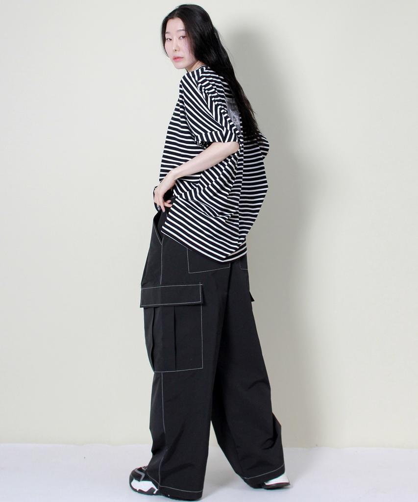 Deumakeu Real Street Wide Contrast Stitch Cargo Track Pants Black