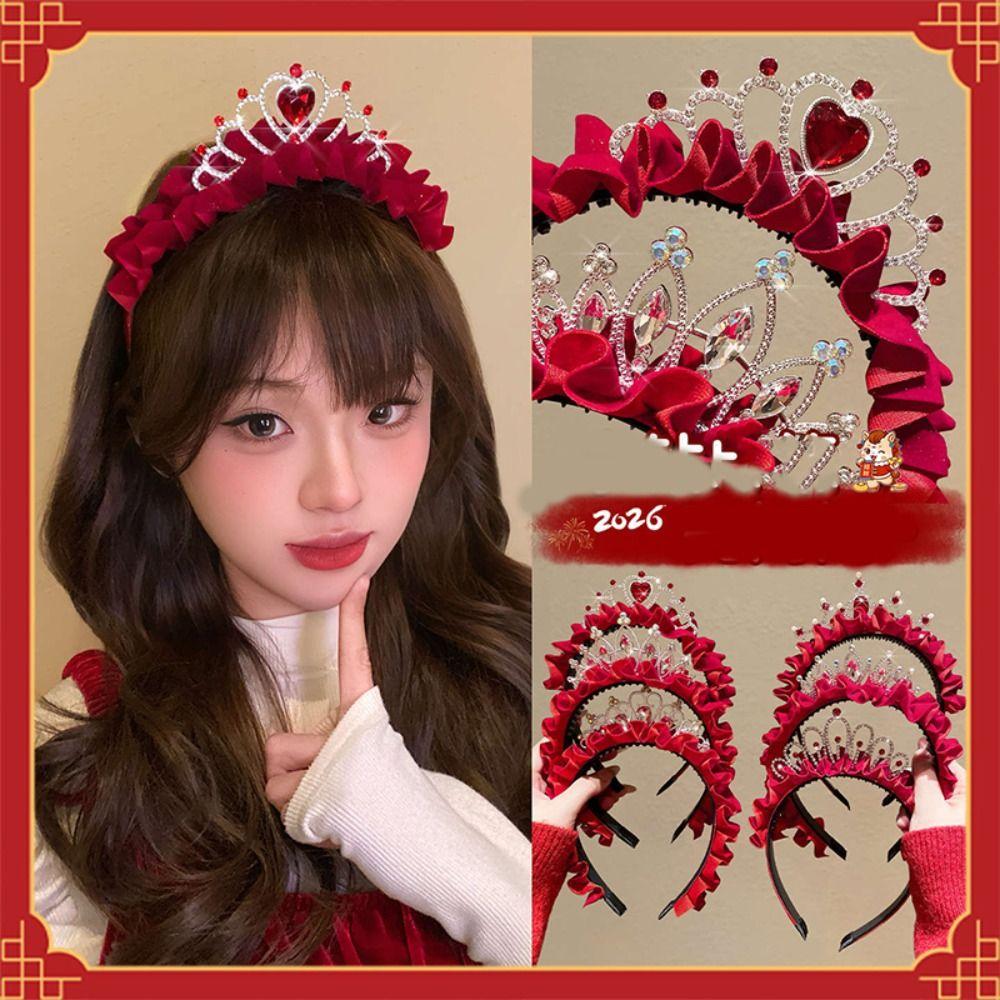 Rhinestone Princess Crown Hair Hoop New Year Red Head Wear Sweet New Year Headband  Children