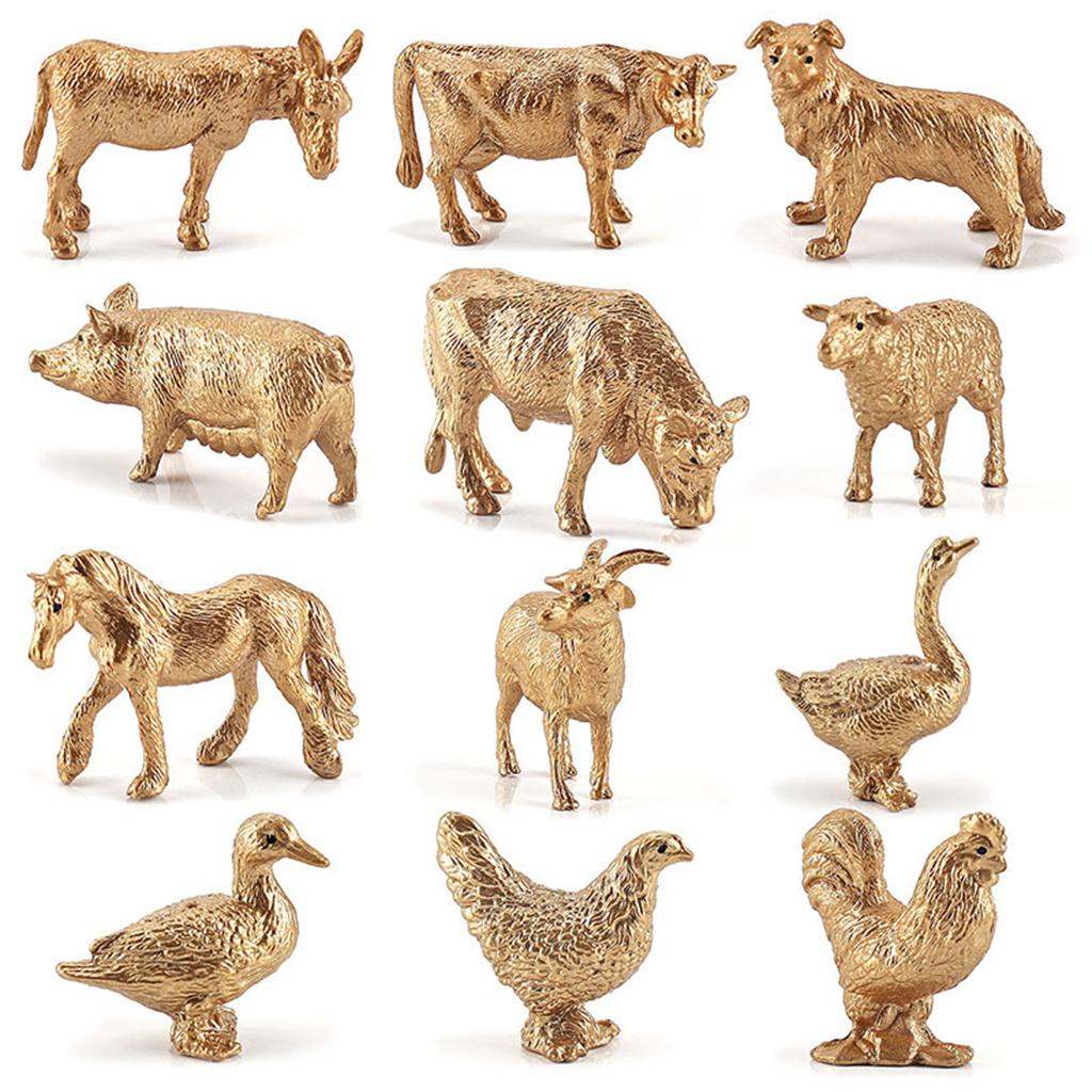 12 Pcs Poultry Animal Figures Simulation Model Golden Figurine Statue Chicken DuckGoose Cattle Educational Toys