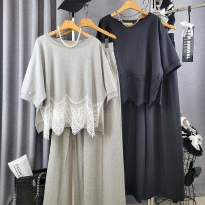 C S In The Room Women Majure laCe Hem ShorT Sleeve T ShirT SeT 2 Color