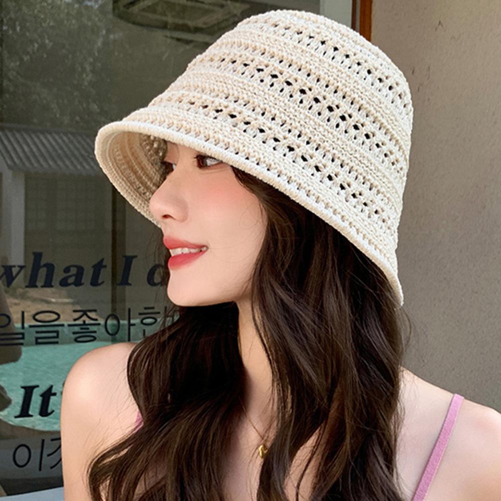 

Hollow Knitted Fisherman Hat Beach Straw Cap Outdoor Casual Crochet Sun Hat Foldable Visor Wide Brim Bucket Hat Panama Hat бежевий